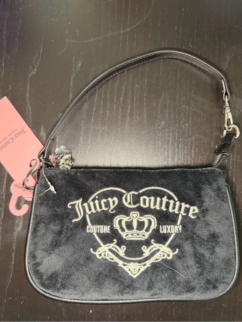 Juicy Couture Girlie Royalty Mini Wristlet Liquorice Black Velour Purse NWT